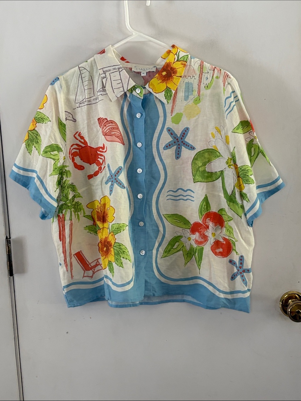Calypso St. Barth white tropical beach print short sleeve shirt Size XL